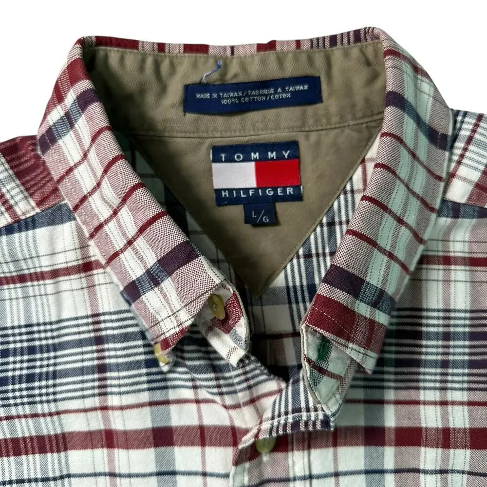 Vintage Tommy Hilfiger Plaid Button Down Shirt 90s Mens  Lrg Embroidered Crest‎